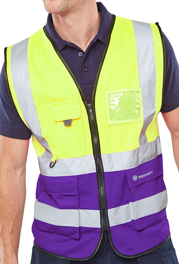 Stylish Two Tone Executive Waistcoat - Satin Yellow/Purple, XS Size