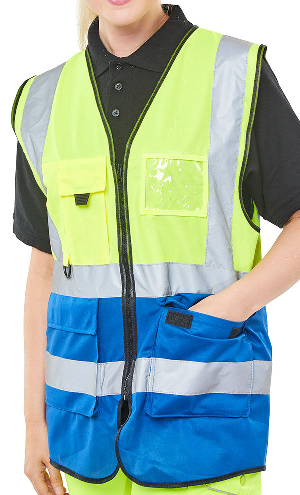 Men's Two Tone Executive Waistcoat SAT Yellow/Royal - Large Size Formal Business Vest